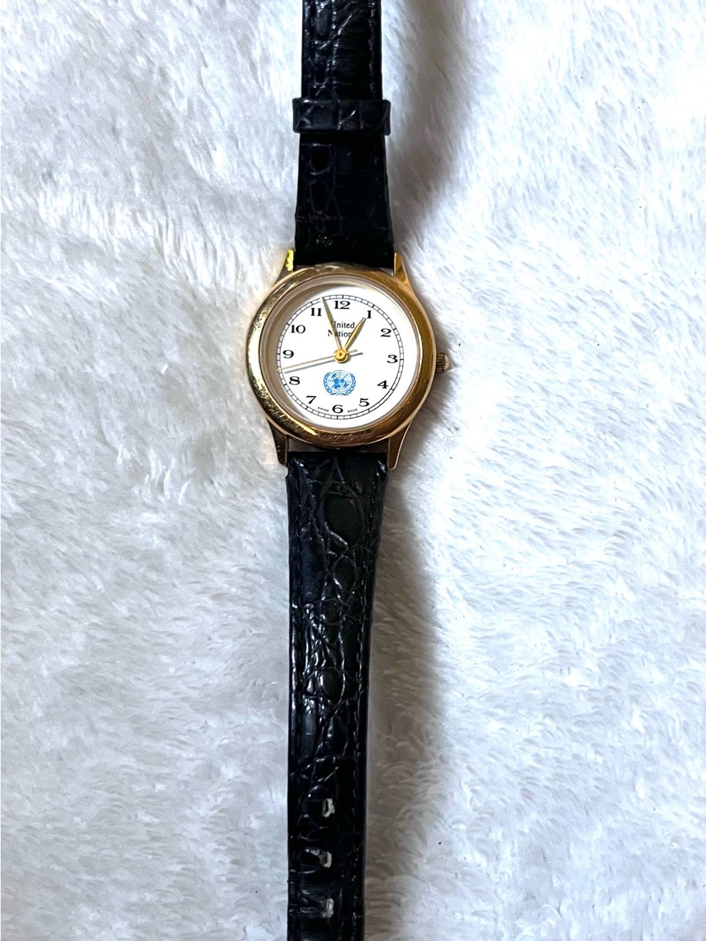 Vintage United Nation Black Leather Strap Watch with Gold Case Back